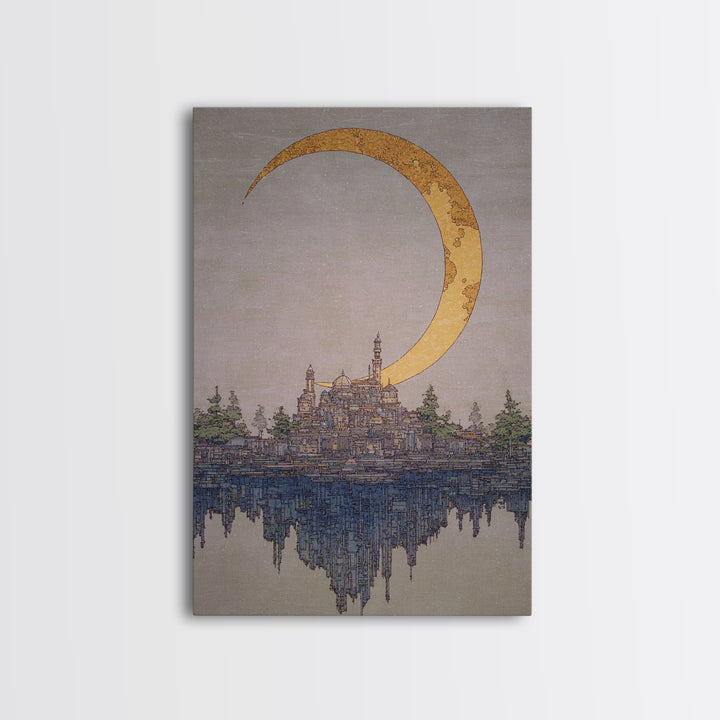 Golden Crescent Moon Over Floating City Wall Art, Dreamy Urban Landscape Canvas Print, Mystical Blue Beige Home Decor For Living Room