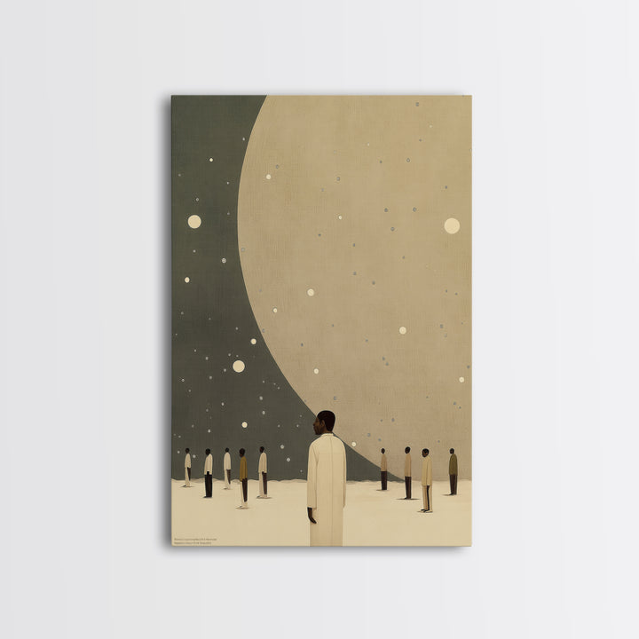 Minimalist Figures Beneath Giant Moon Wall Art, Modern Black Art Canvas Print, Dreamy Celestial Neutral Home Decor For Living Room