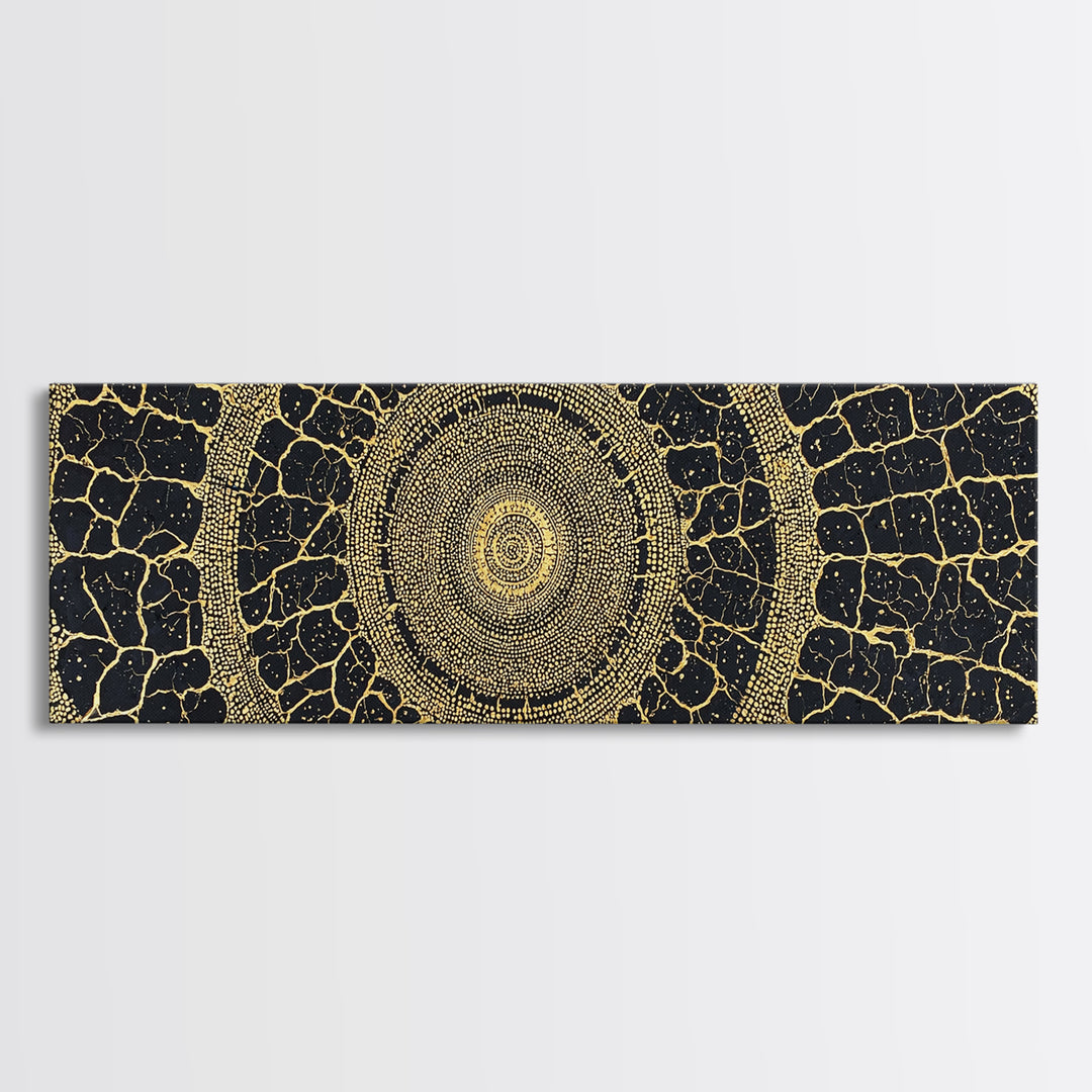 Black Gold Tribal Circle Canvas Print, African Abstract Pattern Wall Decor, Luxury Boho Textured Home Decor Gift For Living Room