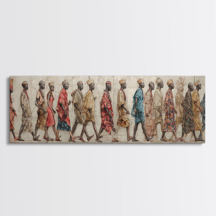 Walking African Village Procession Wall Art, Textured Cultural People Print, Panoramic Afrocentric Home Decor Gift For Hallway