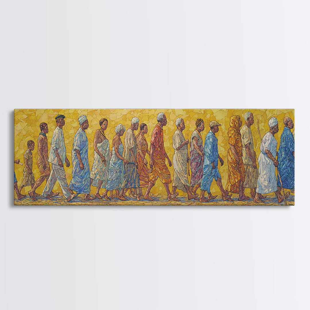 Sunlit African Walking Procession Canvas Print, Yellow Mosaic Cultural Wall Decor, Afrocentric Panoramic Home Art Gift For Living Room