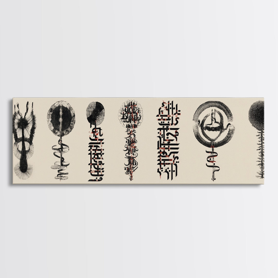 Ancient African Symbol Study Wall Art, Black Ink Tribal Mask Motifs, Minimalist Cultural Poster For Office And Home Decor