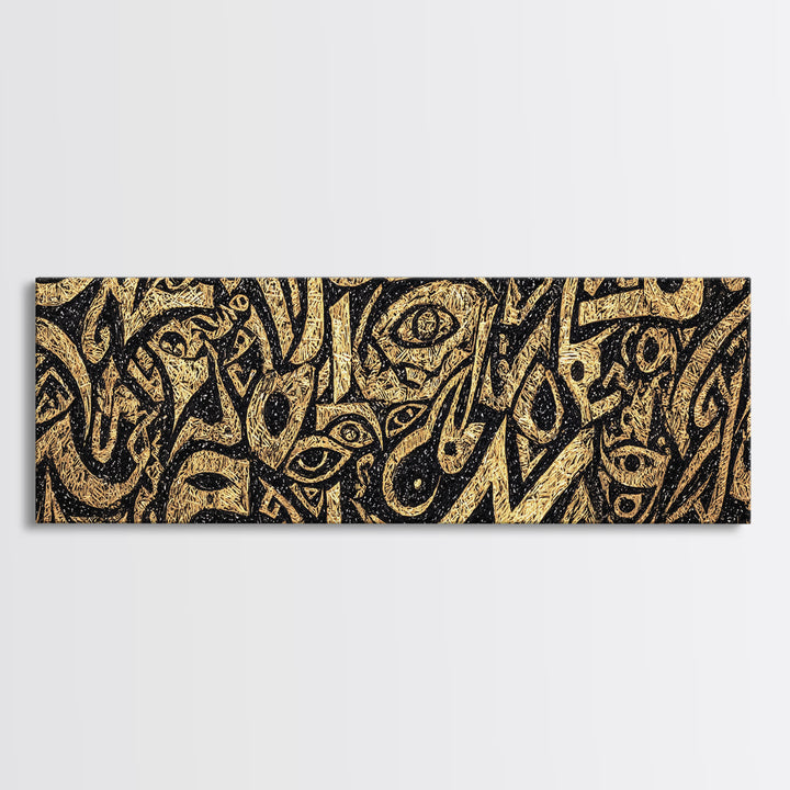 Gold Tribal Faces Abstract Wall Art, African Mask Art, Afrocentric Decor, Black And Gold Design, Bold Cultural Canvas Print