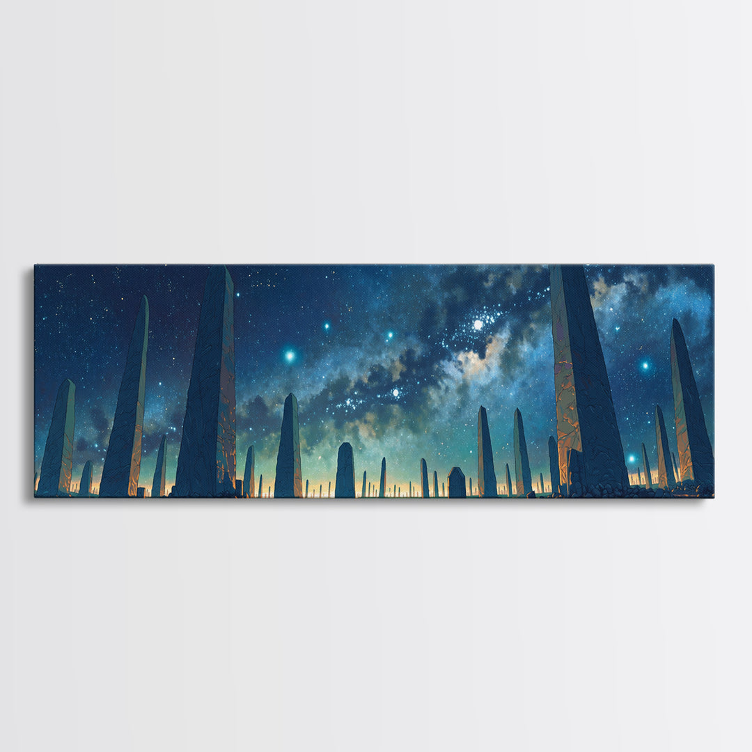 Futuristic Starry Obelisks Wall Art, African Egyptian Art, Cosmic Landscape Canvas Print, Mystical Blue Night Sky Office Decor