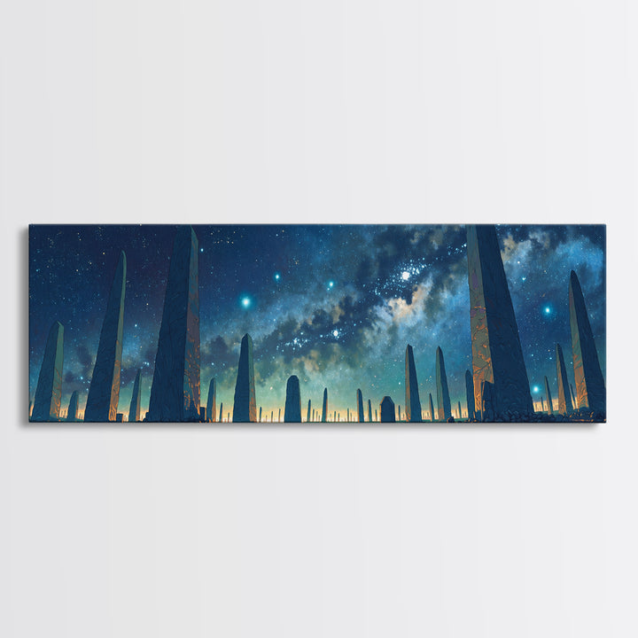 Futuristic Starry Obelisks Wall Art, African Egyptian Art, Cosmic Landscape Canvas Print, Mystical Blue Night Sky Office Decor