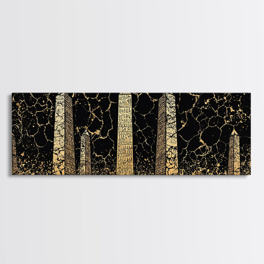 Gold Hieroglyph Obelisks Wall Art, African Egyptian Art, Black Gold Canvas Print, Ancient Symbols Cultural Statement Decor