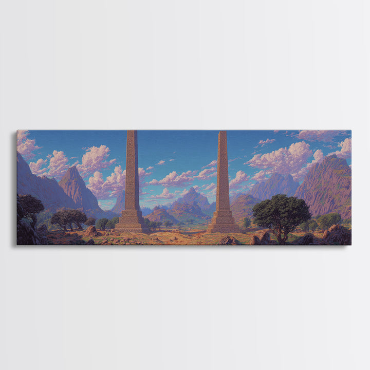 Twin Obelisks In Mountain Valley Framed Canvas Print, African Landscape, Africa Art Print, Statement Wall Art, Home Decor Gift