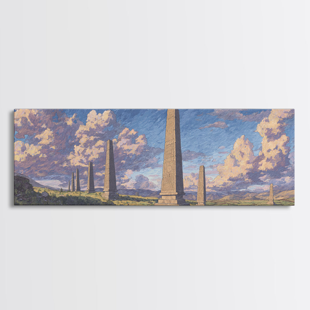 Stone Obelisk Field With Pastel Clouds Wall Art, African Art Print, Ancient African Art, Large Wall Art, Elegant Home Decor