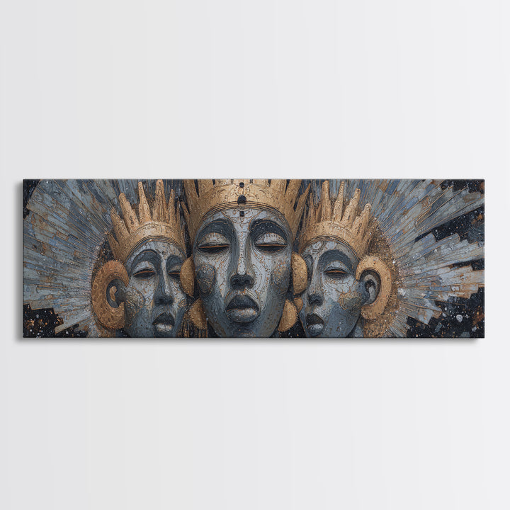 Regal Three African Goddess Faces Framed Canvas Print, African Women Art, Black Goddess Art, Gold Jewelry Canvas, Wall Decor