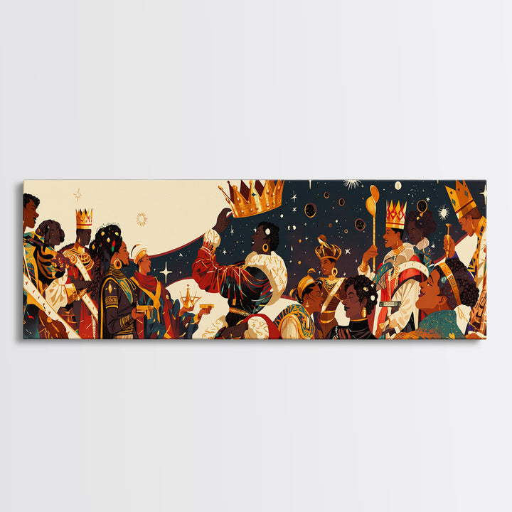 Royal African Celebration Under Stars Wall Art, Afrocentric Crown Ceremony, Black Culture Art, Panoramic Living Room Decor