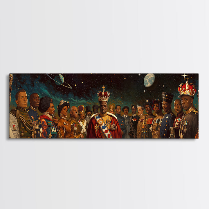 Cosmic African Royal Court Canvas Print, Kings Generals And Crowns, Black Culture Wall Decor, Afrocentric Portrait Art Gift