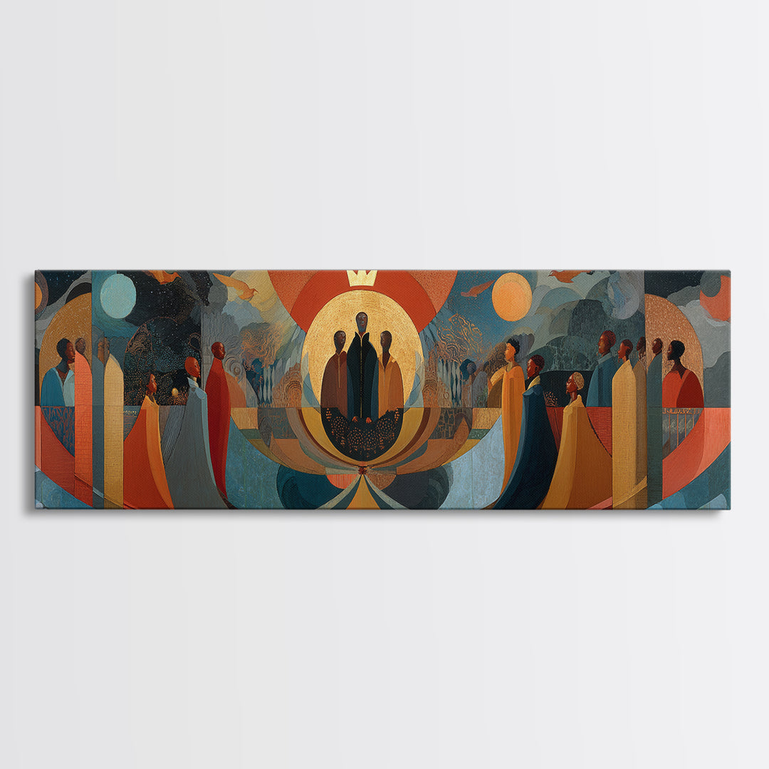 Abstract African Procession With Sun And Moon Wall Art, Afrocentric Modern Canvas, Earth Tone Cultural Home Decor Art Gift