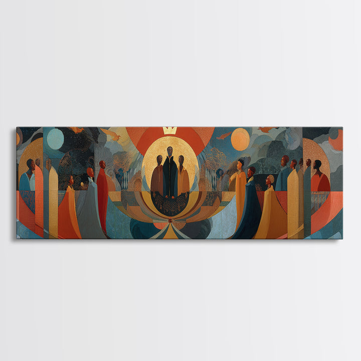 Abstract African Procession With Sun And Moon Wall Art, Afrocentric Modern Canvas, Earth Tone Cultural Home Decor Art Gift