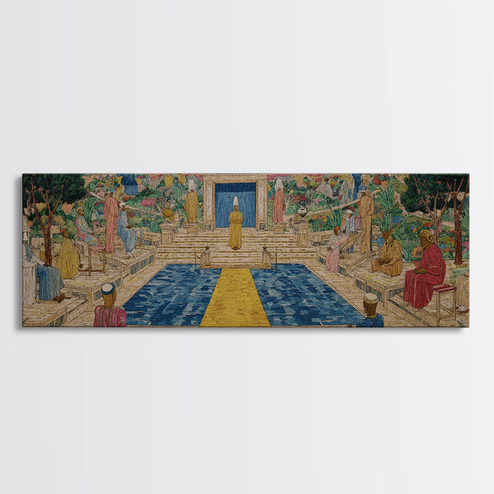 Golden Temple Garden Courtyard Canvas Print, African Inspired Landscape, Sacred Pathway Wall Decor, Elegant Home Art Gift