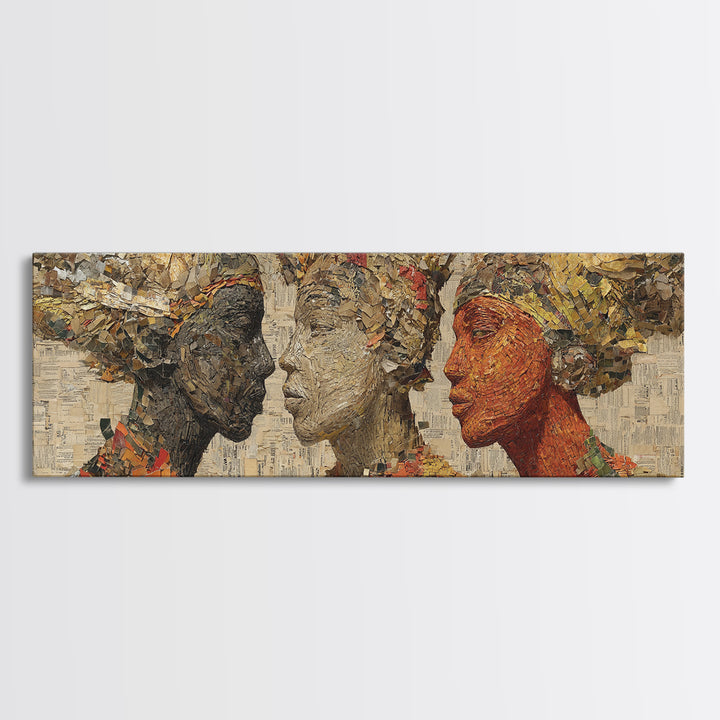 Textured African Women Profiles Framed Canvas Print, Earth Tone Black Female Art, Elegant Afrocentric Wall Decor Portrait Gift