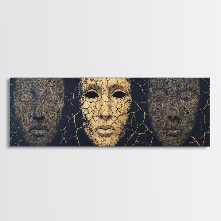Gold And Black Ancient Mask Triptych Wall Art, Cracked Texture Faces, African Tribal Decor, Dramatic Cultural Canvas Gift