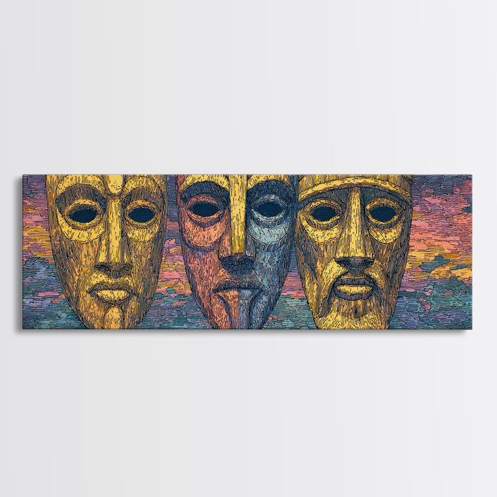 Three Golden African Masks Wall Art, Tribal Mask Canvas Print, Afrocentric Decor, Cultural Home Decor, Bold Statement Piece
