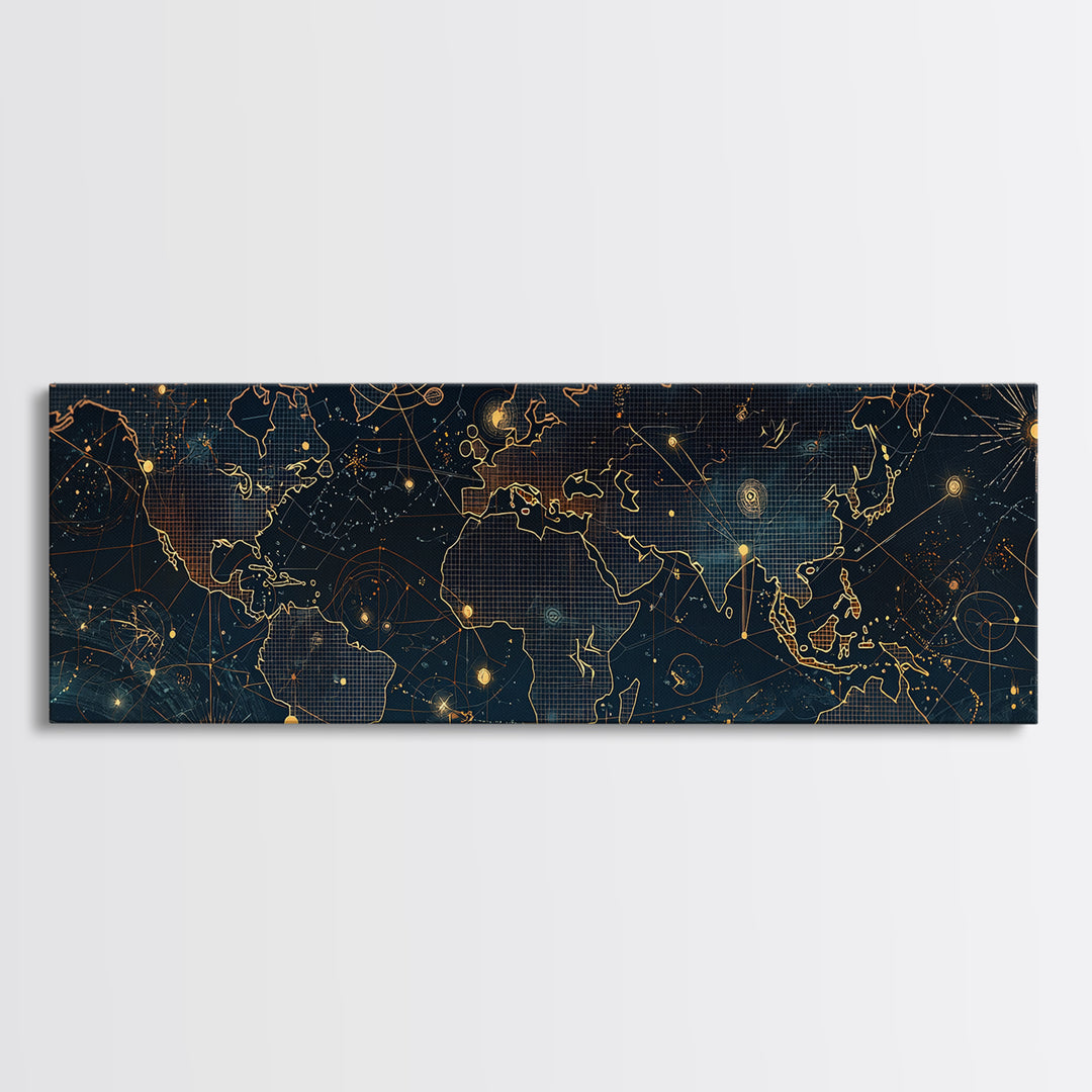 Dark Celestial World Map Wall Art, Gold Constellation Canvas Print, Modern Office Decor, Abstract Travel Home Decor, Housewarming Gift