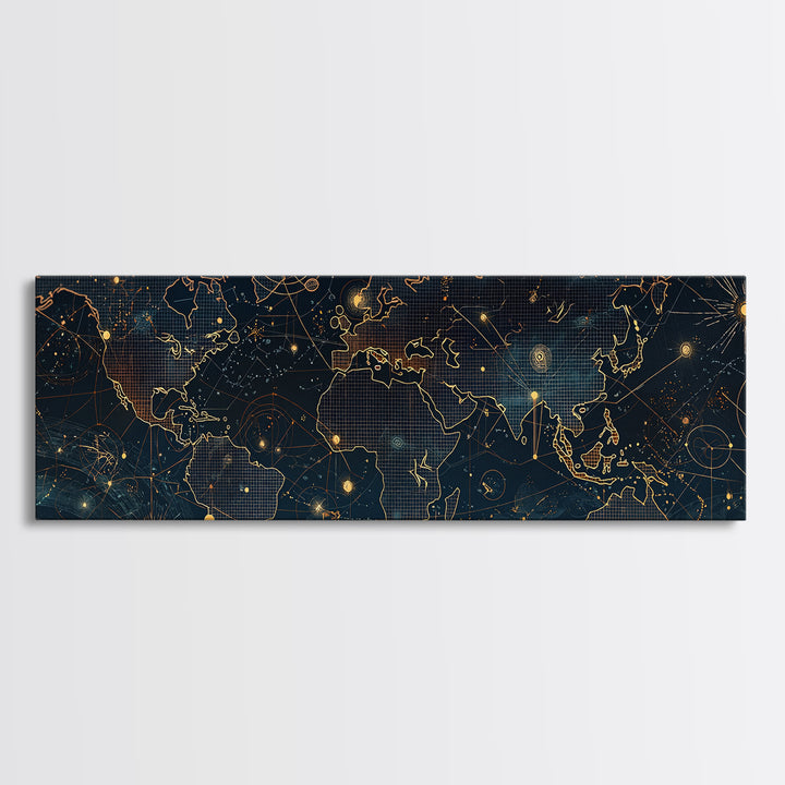 Dark Celestial World Map Wall Art, Gold Constellation Canvas Print, Modern Office Decor, Abstract Travel Home Decor, Housewarming Gift