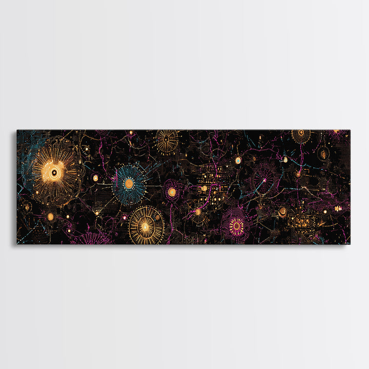 Gold And Magenta Galaxy Constellation Wall Art, Celestial Canvas Print, Modern Black Art, Vibrant Wall Decor, Mystical Art