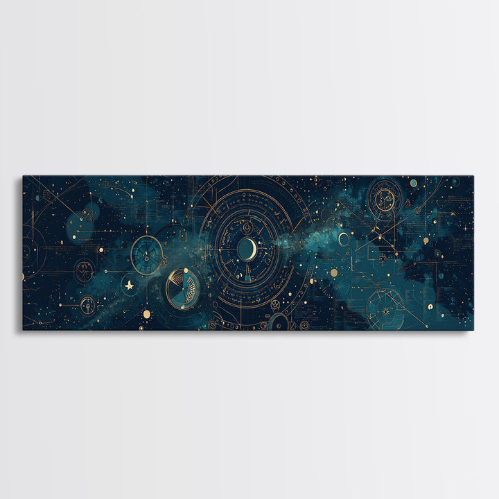Teal Galactic Blueprint Astrolabe Framed Canvas Print, Geometric Wall Art, Modern Canvas Art, Celestial Office Decor, Unique Home Decor