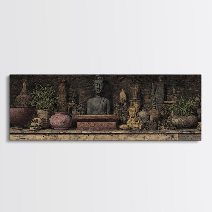 Buddha Shrine Shelf With Plants And Artifacts Wall Art, African Inspired Boho Decor, Rustic Spiritual Living Room Canvas