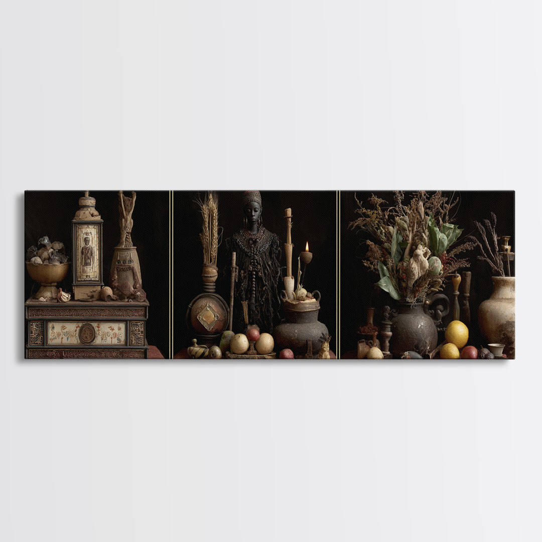 African Statue Still Life Triptych Canvas Print, Tribal Art Decor, Rustic Vessels Fruit And Botanicals, Elegant Home Decor
