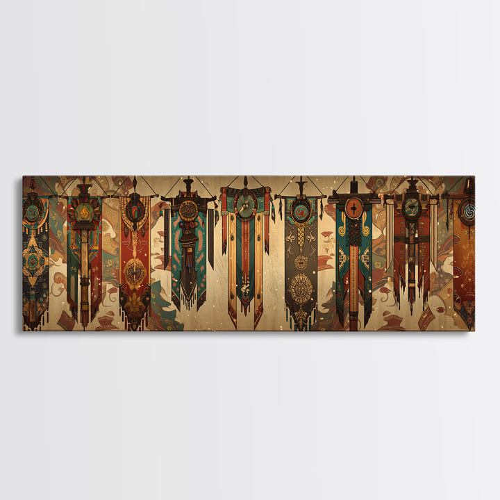 African Tribal Hanging Banners With Symbols Framed Canvas Print, Ethnic Wall Decor, Boho Patterns, Cultural Home Decor For Living Room