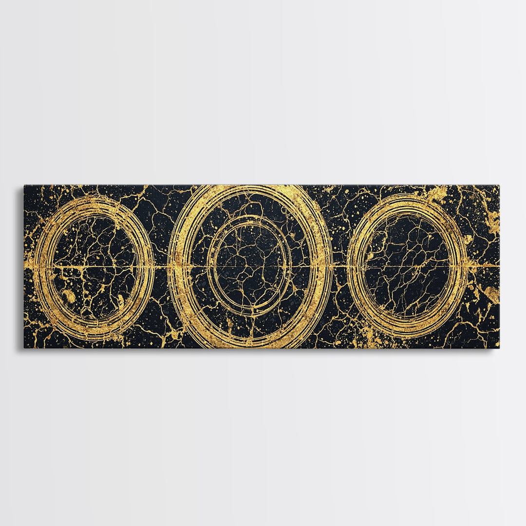 Gold Concentric Circles On Black Cracked Stone Wall Art, Geometric Canvas Print, Modern Luxury Decor, Abstract Pattern Art