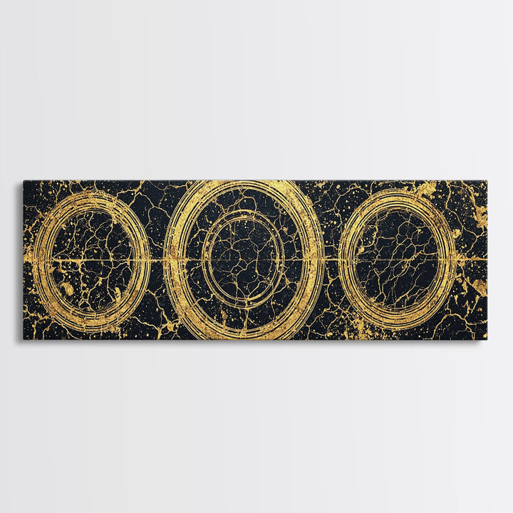 Gold Concentric Circles On Black Cracked Stone Wall Art, Geometric Canvas Print, Modern Luxury Decor, Abstract Pattern Art