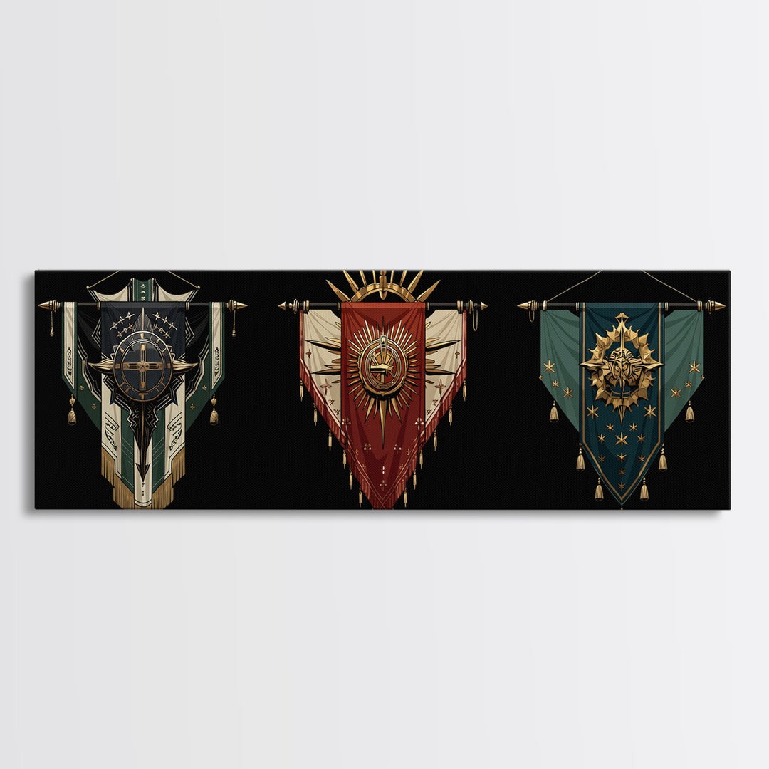 Ornate African Tribal Banners Wall Art, Gold Teal Shield Canvas, Afrocentric Decor, Modern African Art Print Gift For Home Decor