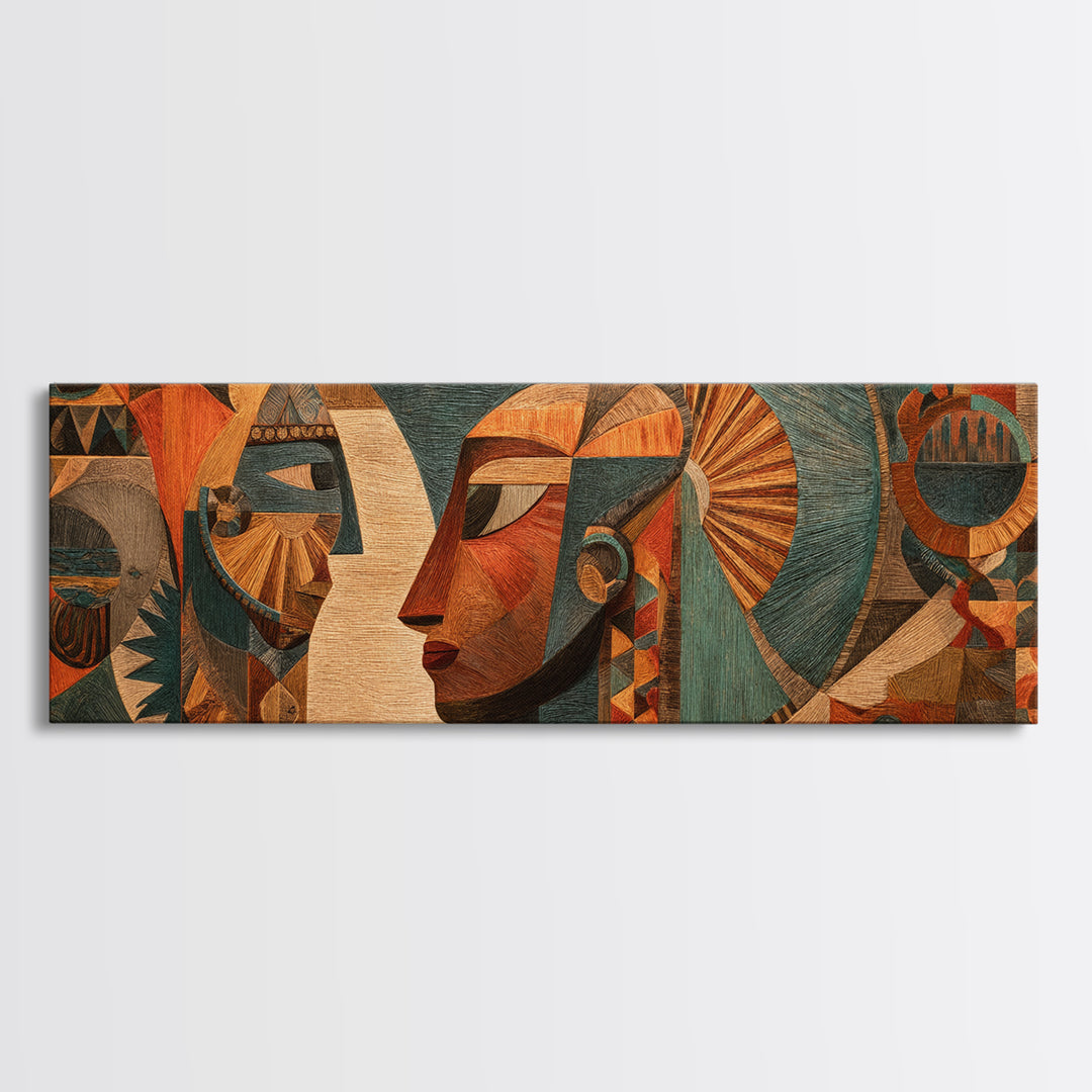 Cubist African Woman Profile Wall Art, Earth Tone Tribal Portrait, Abstract African Art Decor, Panoramic Canvas Print Gift