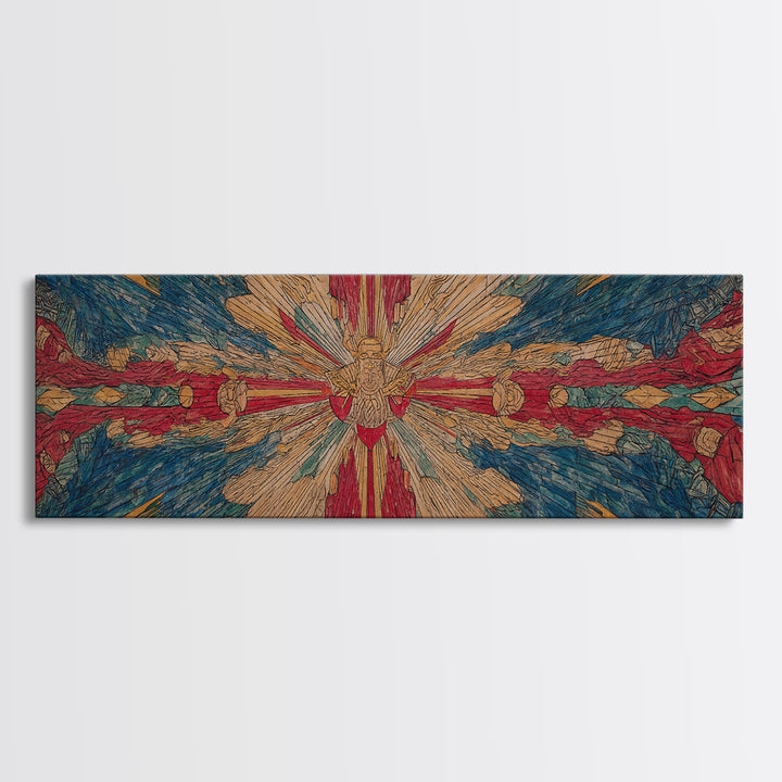 Radiant Dove Cross Abstract Wall Art, Red Blue Spiritual Canvas Print, Contemporary African Inspired Decor, Statement Gift