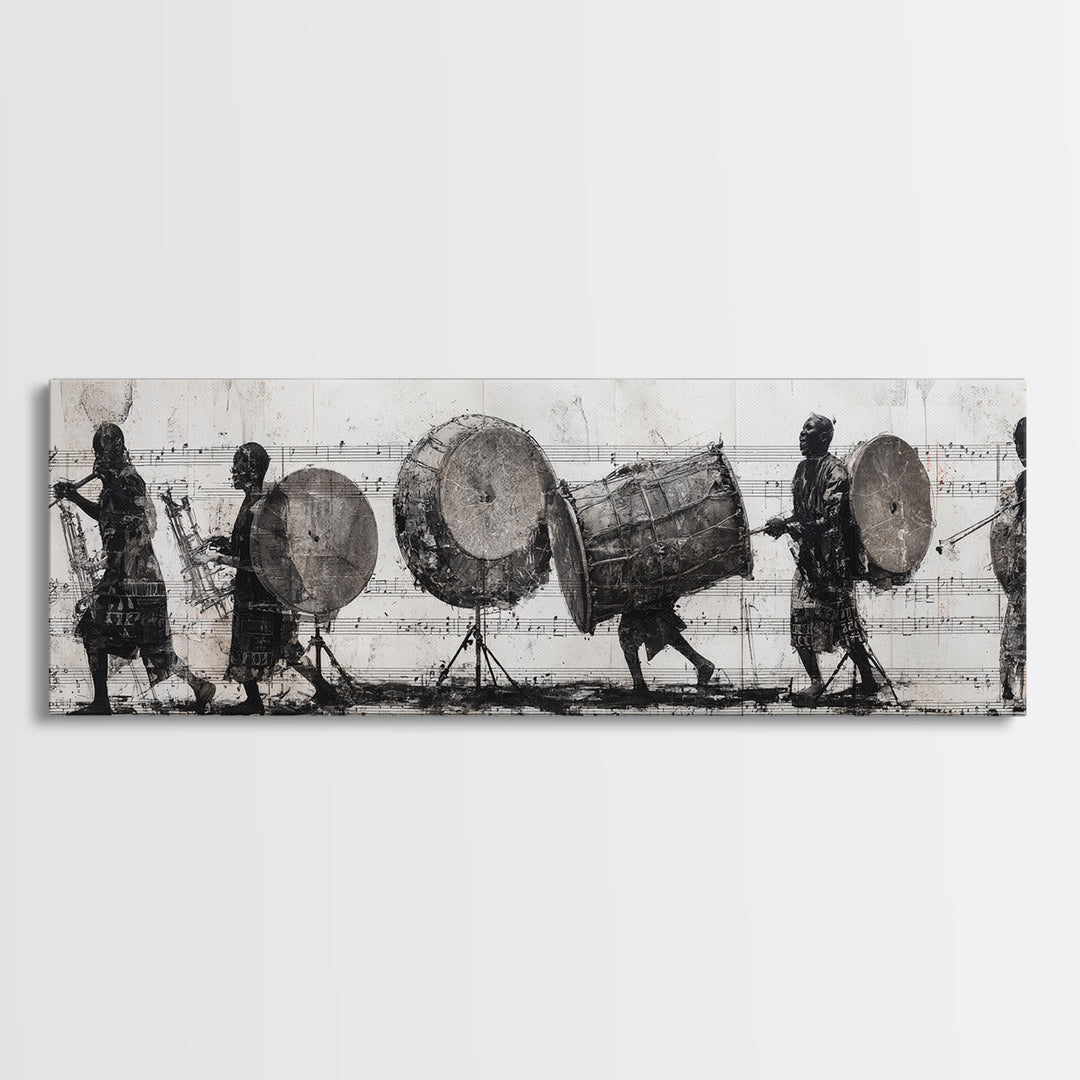 Monochrome African Drummers Wall Art, Tribal Music Procession Canvas Print, Cultural Black Art For Home Office Decor Gift