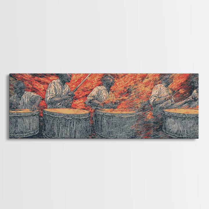 Fiery African Drummers Canvas Print, Red Orange Tribal Music Wall Art, Afrocentric Abstract Art For Bold Home Decor Gift