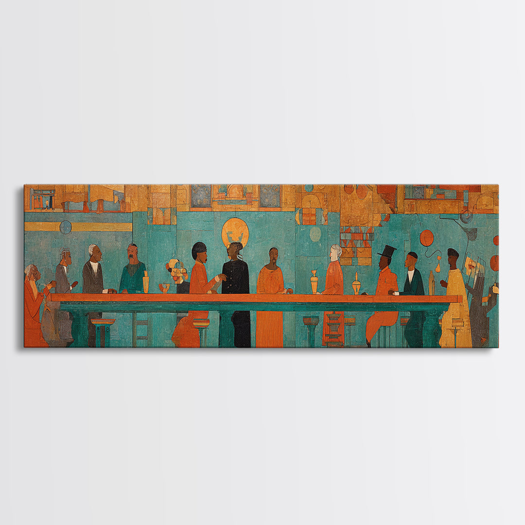 Turquoise Orange Social Gathering Wall Art, African Lounge Scene Canvas Print, Modern Afrocentric Decor For Home And Office