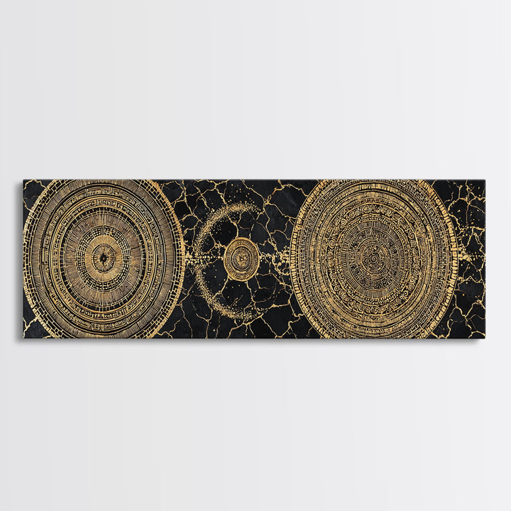 Gold Celestial Mandala Circles On Black Stone Wall Art, Abstract Wall Art, Luxury Canvas Print, Modern Home Decor, Statement Wall Decor