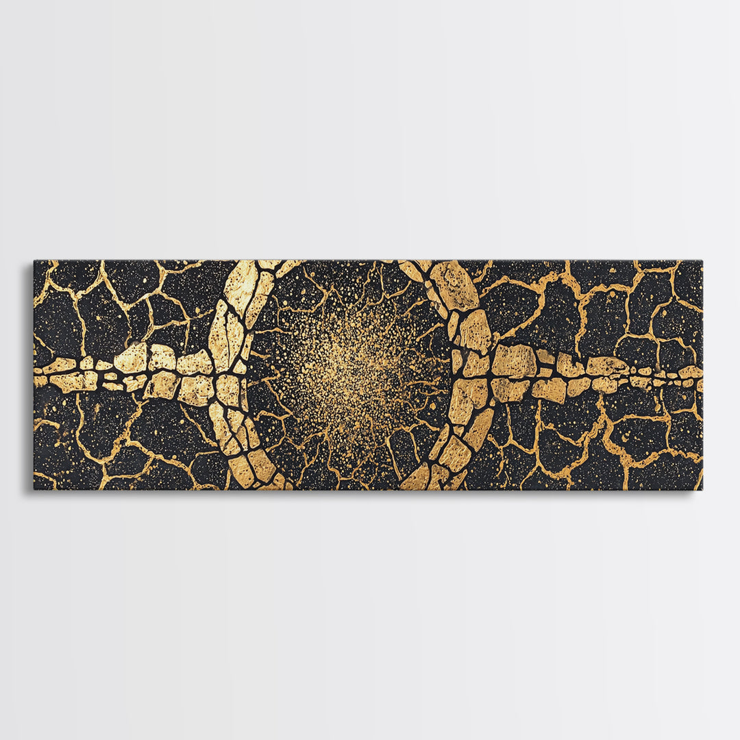 Gold Cracked Stone Circle With Cosmic Spark Wall Art, Abstract Black Art Canvas Print, Textured Modern Wall Decor, Statement Decor