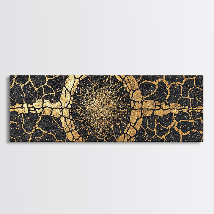 Gold Cracked Stone Circle With Cosmic Spark Wall Art, Abstract Black Art Canvas Print, Textured Modern Wall Decor, Statement Decor