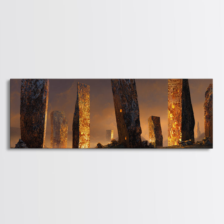Glowing Ancient Monoliths In Desert Sunset Framed Canvas Print, Mystical Wall Art, Fantasy Ruins Decor, Large Wall Decor