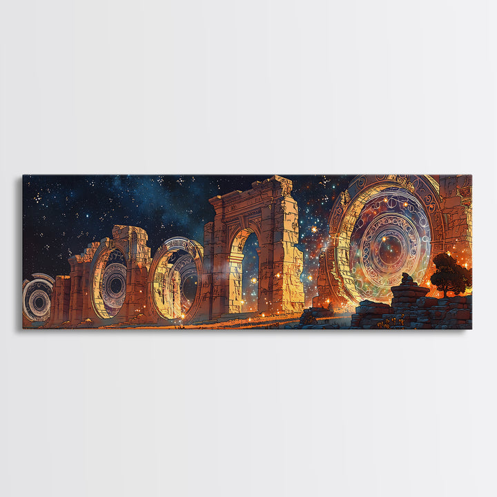 Starlit Ancient Arches With Cosmic Portals Framed Canvas Print, Mystical Wall Art, Galaxy Ruins Decor, Large Wall Art, Unique Home Decor