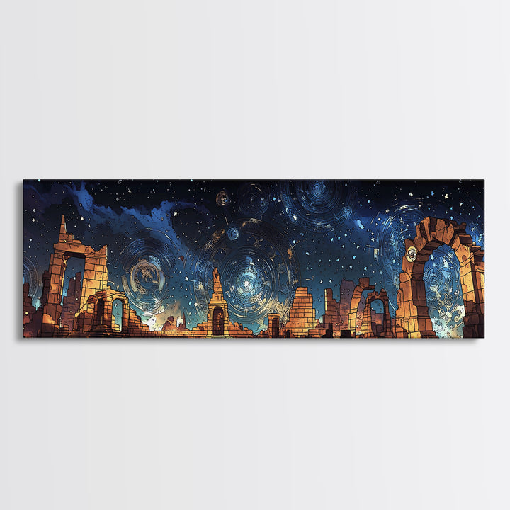 Starry Temple Ruins With Blue Gold Celestial Sky Wall Art, Framed Canvas Print, Mystical Decor, Large Statement Wall Decor