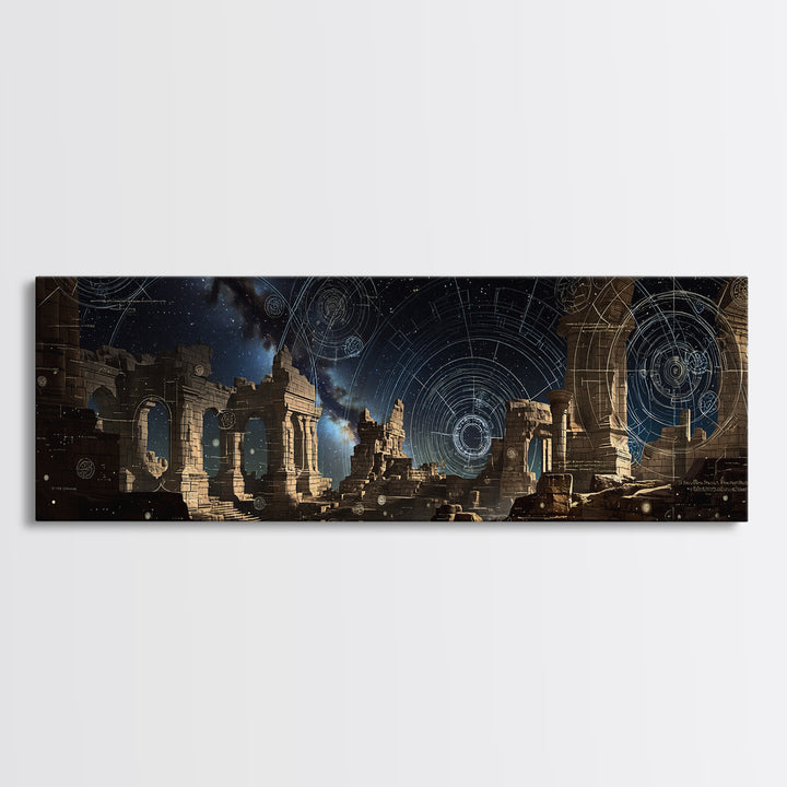 Dark Celestial Ruins With Ancient Arches Wall Art, Framed Canvas Print, Mystical Gothic Decor, Large Statement Wall Decor