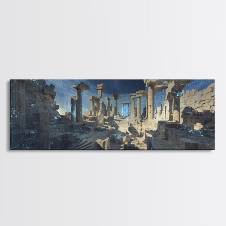 Blue Futuristic Column Ruins With Digital Grid Canvas Print, Modern Wall Art, Sci Fi Office Decor, Large Wall Decor, Unique Home Decor