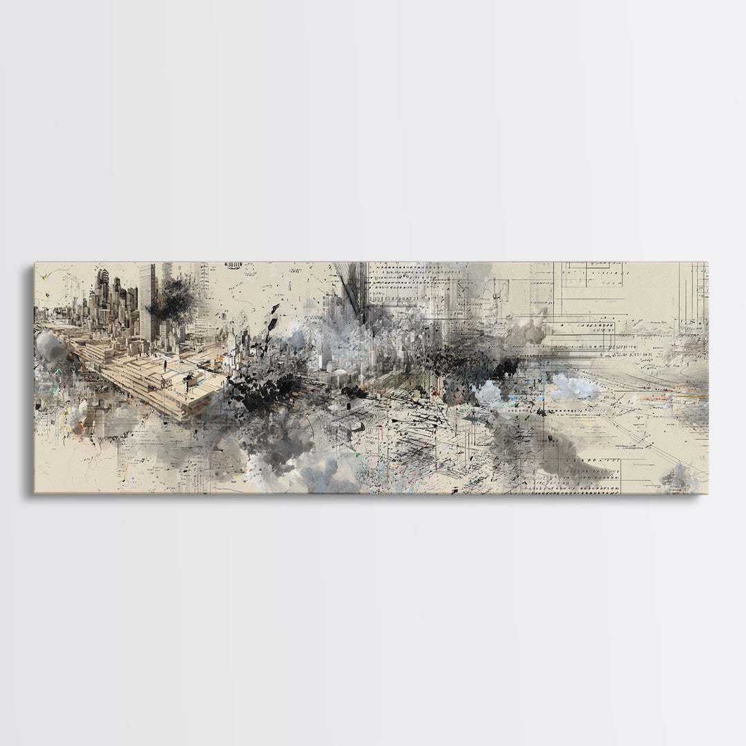 Modern Urban Skyline Wall Art, Abstract Architecture Drawing, Contemporary Office Decor, Neutral City Canvas Print Gift For Loft
