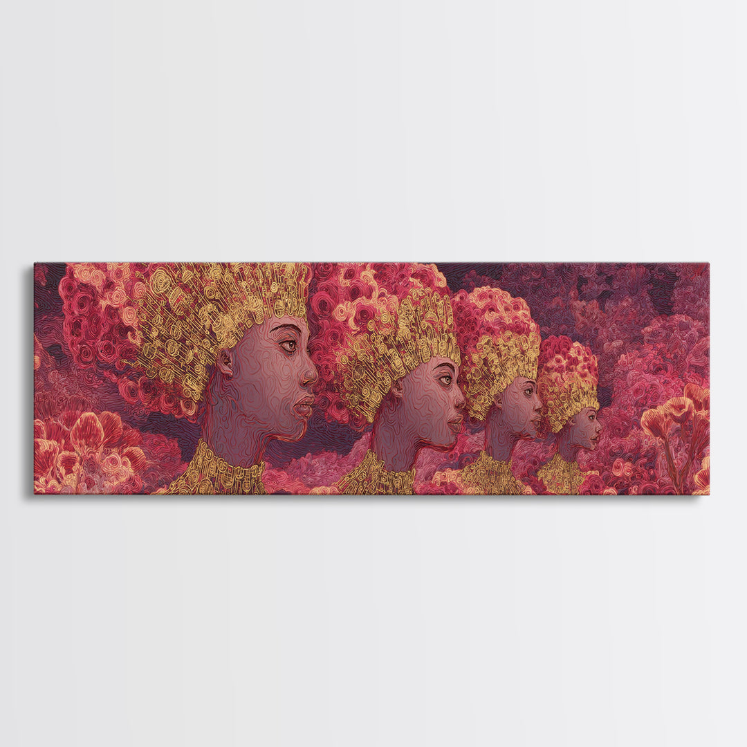 Pink Rose Garden Afro Women Portrait Wall Art, Floral Black Beauty Canvas Print, Feminine Afrocentric Decor, Melanin Gift For Her