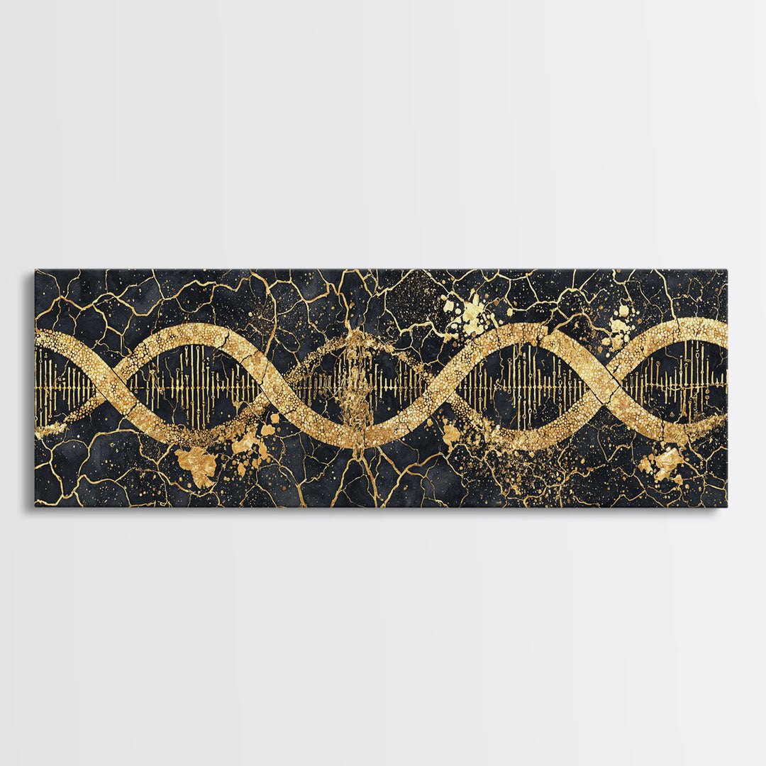 Gold DNA Helix Wall Art, Abstract Luxury Science Canvas Print, Black And Gold Design, Modern Office Decor For Biology Gift