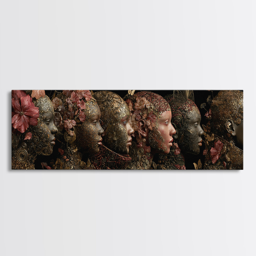 Black Goddess Floral Portrait Wall Art, Elegant Women Canvas Print, Afrocentric Luxury Decor, Dark Botanical Gift For Her
