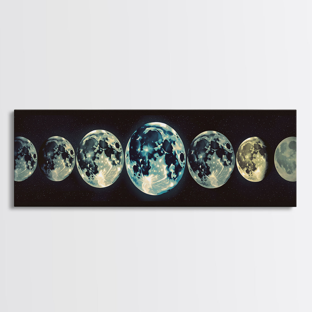 Glowing Moon Phases Canvas Print, Celestial Wall Art, Black Art Print, Dreamy Wall Art, Bedroom Wall Decor, Unique Gift, Poster
