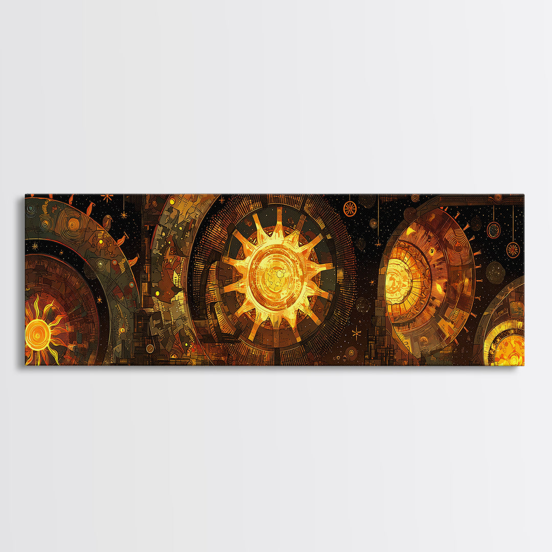 Golden Celestial Clockwork Suns Wall Art, Afrofuturism Decor, African Inspired Abstract, Luxury Canvas For Living Room Decor